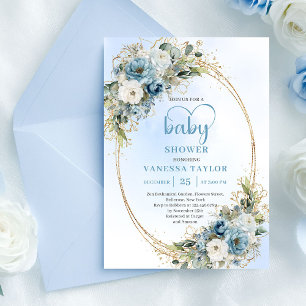 Elegant dammig blå blommor guld baby shower inbjud inbjudningar