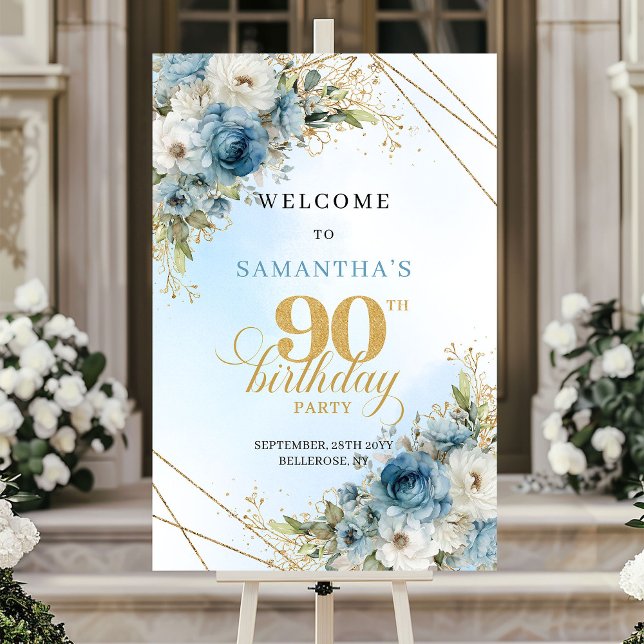 Elegant dammig blå blommor guld ram 90 födelsedag poster (Elegant dusty blue florals gold frame 90th birthday sign

)