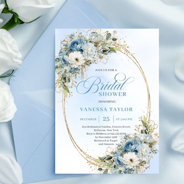 Elegant dammig blå blomster- bröllopsdusch   inbjudningar (Elegant Dusty Blue Floral Script Bridal Shower Invitation)