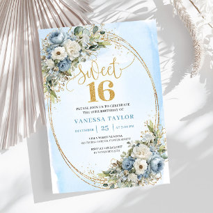 Elegant dammig blå blomster grönska Sweet Sixteen Inbjudningar