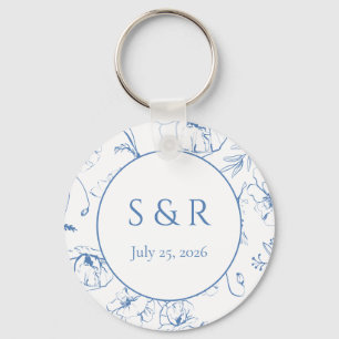 Elegant dammig blå blomster monogram bröllopsfavor nyckelring