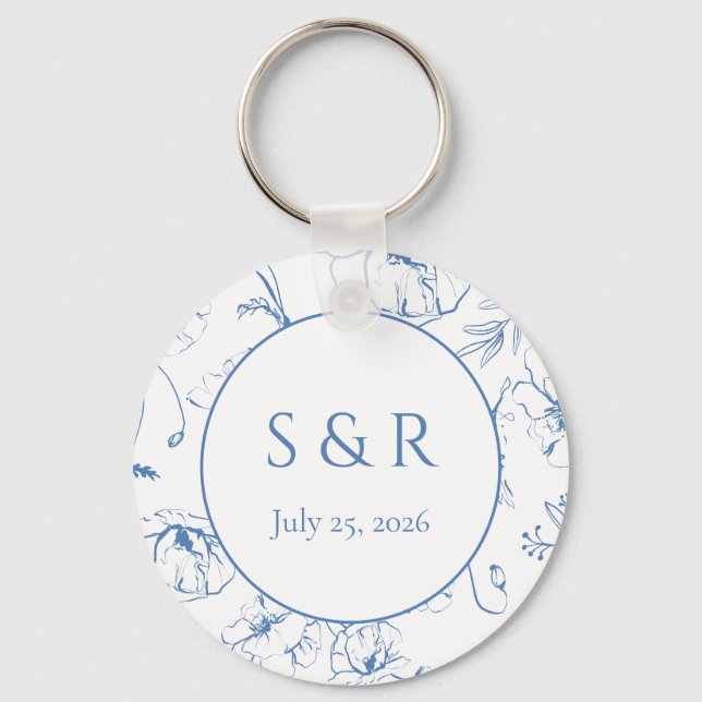 Elegant dammig blå blomster monogram bröllopsfavor nyckelring (Framsida)