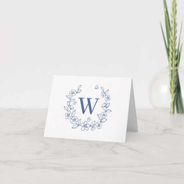 Elegant dammig blå blomster monogram tack kort (Framsida)