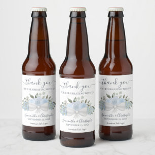 Elegant dammig blå blomster- rustik bröllop tack ölflaska etikett