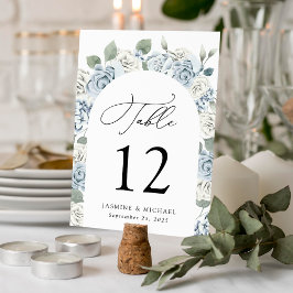 Elegant dammig blå blomsterbåge bröllop bordsnummer