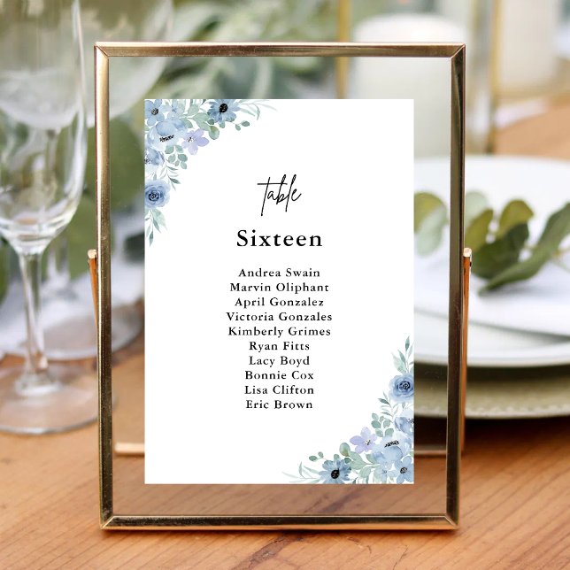 Elegant dammig blå blomsterbröllop bordsnummer (Elegant dusty blue floral table number helps guests find their table with refined charm)