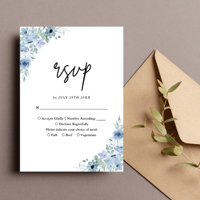 Elegant dammig blå blomsterbröllop OSA kort (Elegant dusty blue floral wedding RSVP card makes replying simple with refined charm)