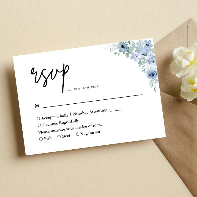 Elegant dammig blå blomsterbröllop OSA kort (Elegant dusty blue floral wedding RSVP card makes guest replies easy with refined charm)