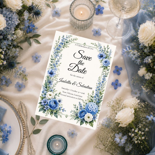 Elegant dammig blå blomsterbröllop spara datumet (Skapare uppladdad)