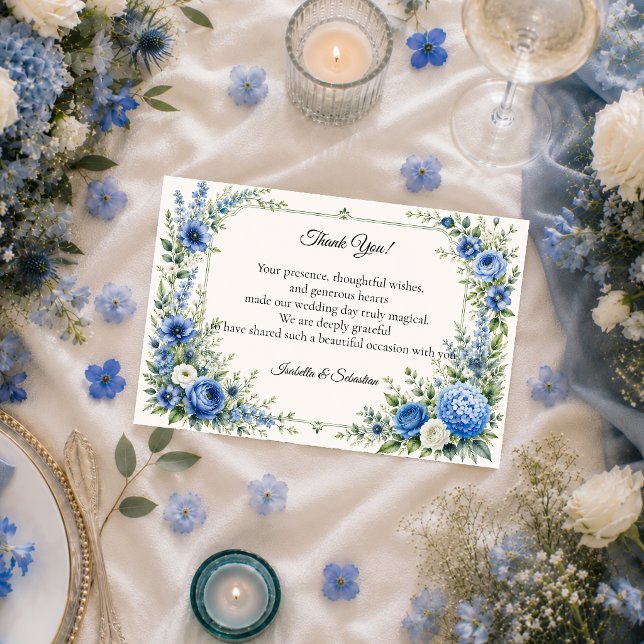 Elegant dammig blå blomsterbröllop tack kort (Skapare uppladdad)