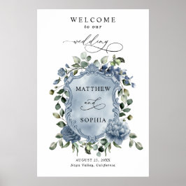 Elegant dammig blå blomsterbrölloppskrönikaaffisch poster