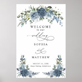 Elegant dammig blå blomsterbröllopsaffisch poster