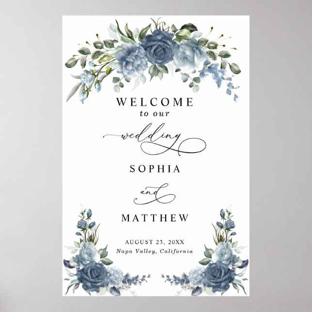 Elegant dammig blå blomsterbröllopsaffisch poster (Framsidan)