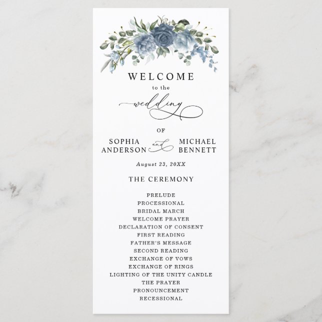 Elegant dammig blå blomsterbröllopsprogram program (Framsida)