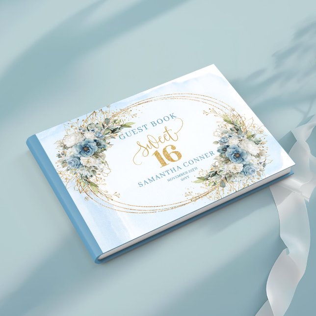 Elegant dammig blå blomstergästbok för Sweet 16 Gästböcker (Graceful Dusty Blue Floral Sweet 16th Guest Book)