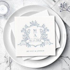 Elegant dammig blå blomstergavlar Monogram bröllop Pappersservett