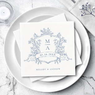 Elegant dammig blå blomstergavlar Monogram bröllop Pappersservett