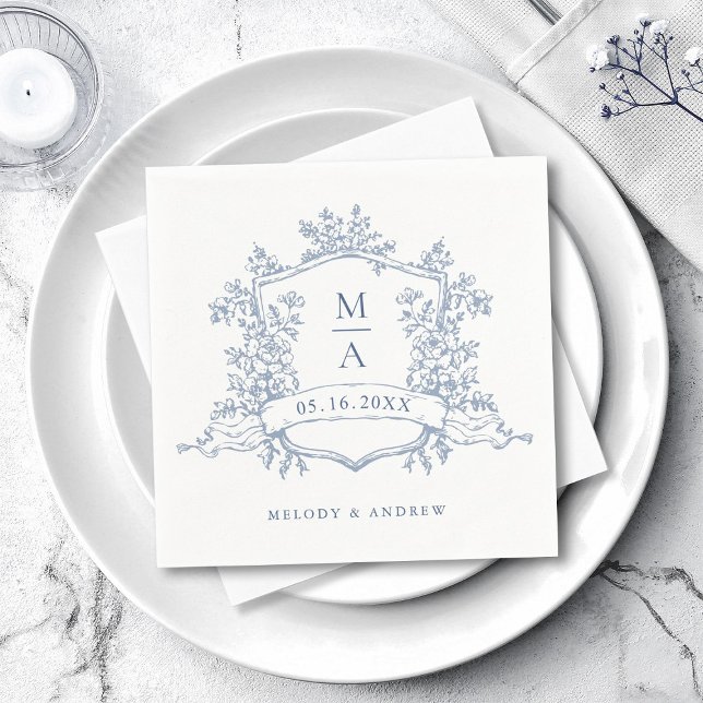 Elegant dammig blå blomstergavlar Monogram bröllop Pappersservett (Skapare uppladdad)