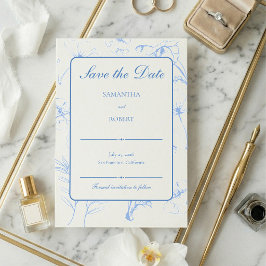 Elegant dammig blå blomstergrafik bröllop spara datumet