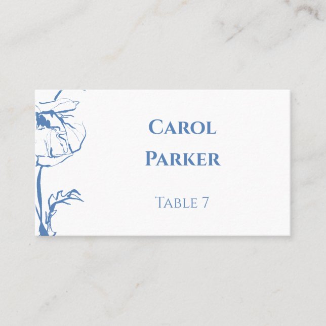 Elegant dammig blå blomstergrafik platt bröllop placeringskort (Framsida)