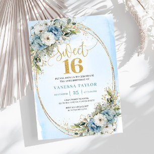 Elegant dammig blå blomstergrej till Sweet Sixteen Inbjudningar