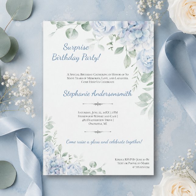 Elegant dammig blå blomstergudsak födelsedagsfest inbjudningar (Skapare uppladdad)