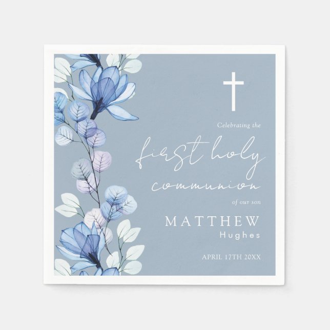 Elegant dammig blå blomstergudsförsta kommunion pappersservett (Framsidan)