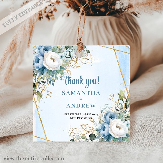 Elegant dammig blå blomstergul eukalyptusbröllopsp gåvor etiketter (Elegant Dusty Blue Floral Eucalyptus Wedding Tag)