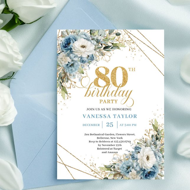 Elegant dammig blå blomsterguld 80-års födelsedags inbjudningar (Elegant Dusty Blue Floral Gold 80th Birthday InviteCard

)