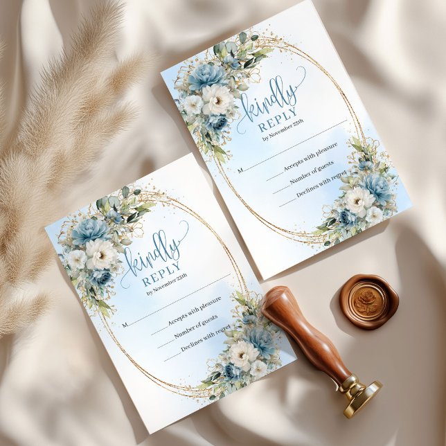 Elegant dammig blå blomsterguld bröllops-RSVP-kort OSA Kort (Elegant Dusty Blue Floral Gold Wedding RSVP Card)