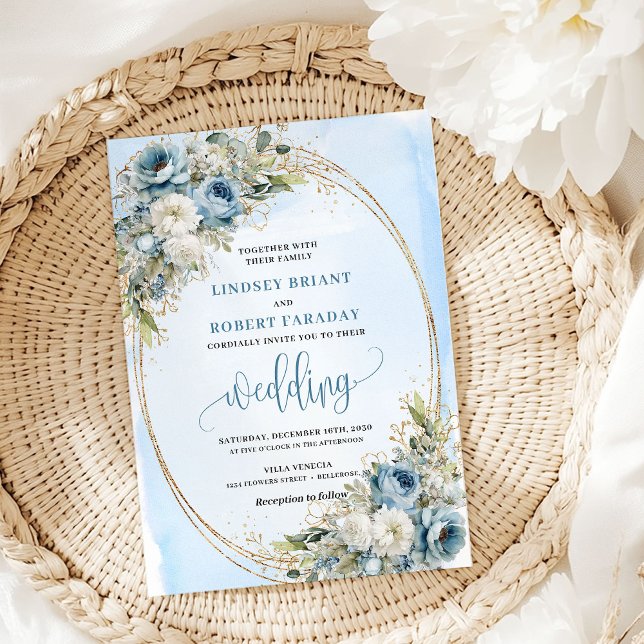 Elegant dammig blå blomsterguld bröllopsinbjudan inbjudningar (Elegant Dusty Blue Floral Gold Wedding Invitation)