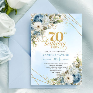 Elegant dammig blå blomsterguld ram 70-årsdag inbjudningar