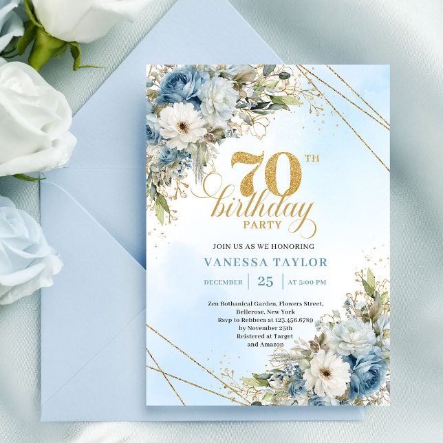 Elegant dammig blå blomsterguld ram 70-årsdag inbjudningar (dusty blue flowers 70TH BIRTHDAY,
winter wreath RUSTIC digital INVITATION,
bohemian boho trendy colo)