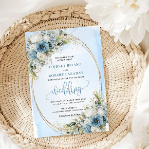 Elegant dammig blå blomsterguld ram bröllop inbjudningar