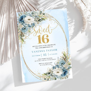 Elegant dammig blå blomsterguld Sweet Sixteen 16-å Inbjudningar