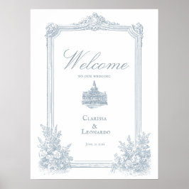 Elegant dammig blå blomsterkant Bröllop Välkommen Poster