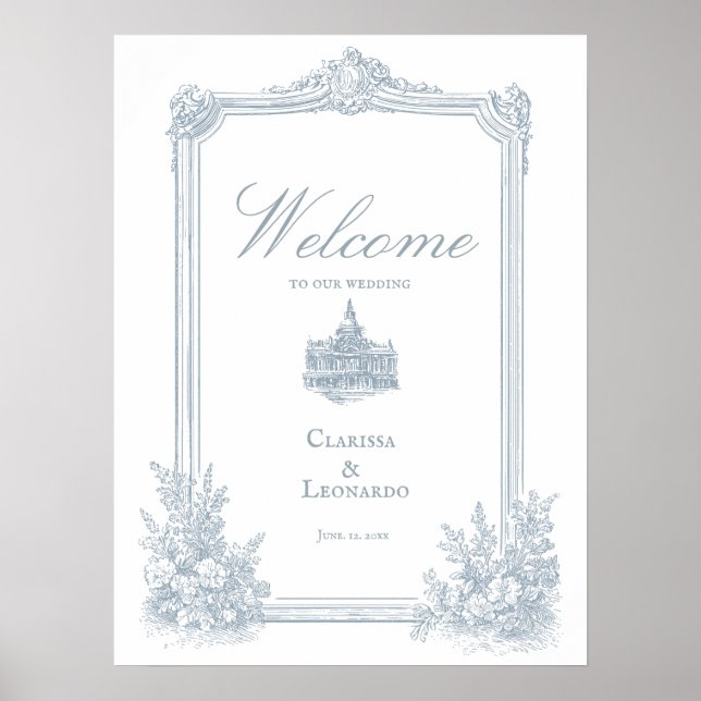 Elegant dammig blå blomsterkant Bröllop Välkommen Poster (Framsidan)