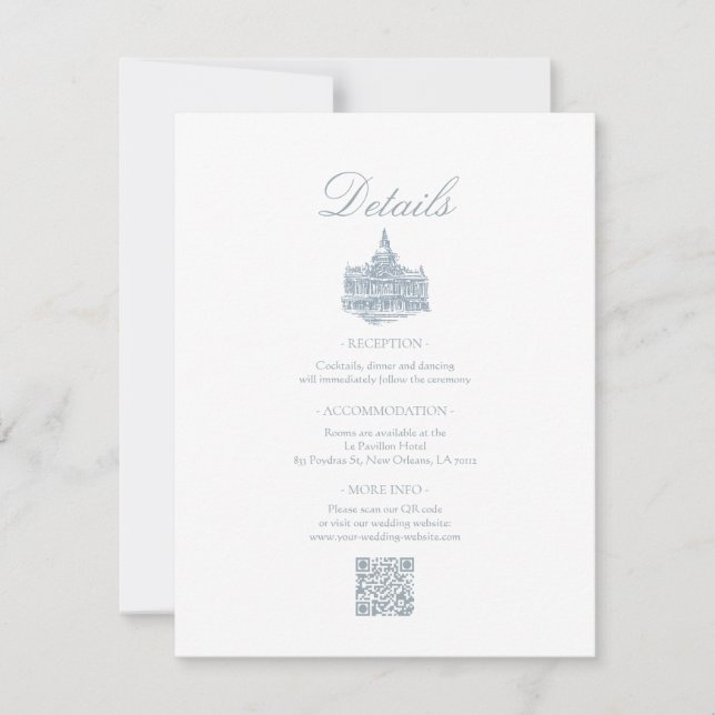 Elegant dammig blå blomsterkant Bröllopsdetaljer Anteckningskort (Framsida)