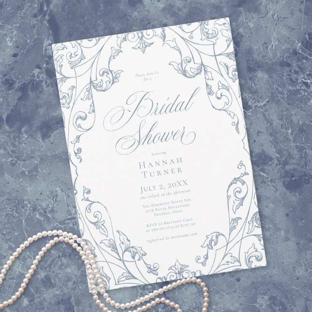 Elegant dammig blå blomsterkant bröllopsfest inbjudningar (Elegant Dusty Blue Floral Frame Bridal Shower Invitation)