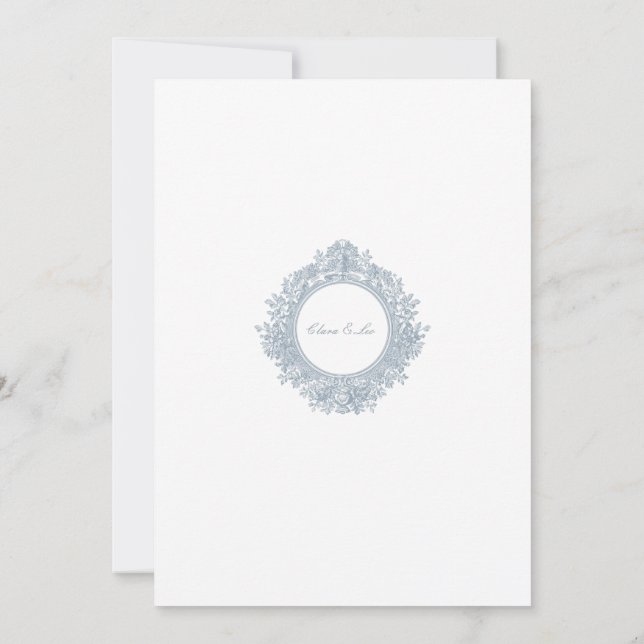 Elegant dammig blå blomsterkant bröllopsinbjudan inbjudningar (Baksida)