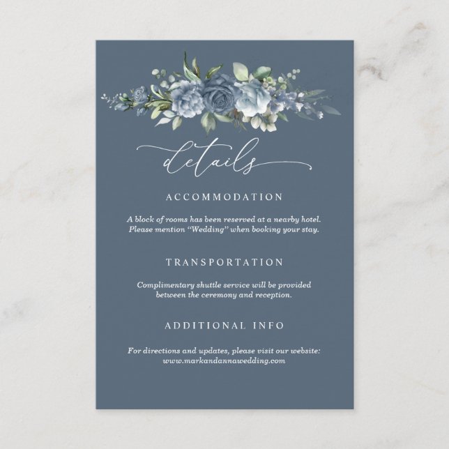 Elegant dammig blå blomsterlig bröllopsföljekort tilläggskort (Framsida)