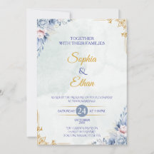 Elegant dammig blå blomstermässig bröllopsinbjudan