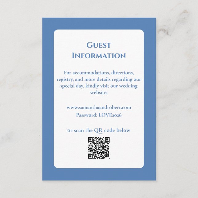 Elegant dammig blå blomstermönstrad QR-kod Bröllop Tilläggskort (Framsida)