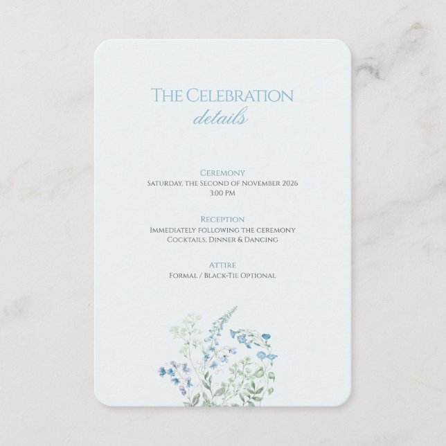 Elegant dammig blå blomsterritning vigsel tilläggskort (Framsida)