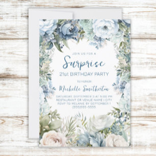 Elegant dammig blå blomsterrsurpris 21-årsdag inbjudningar
