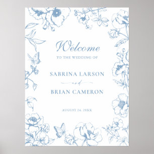 Elegant dammig blå blomsterträdgård bröllop välkom poster