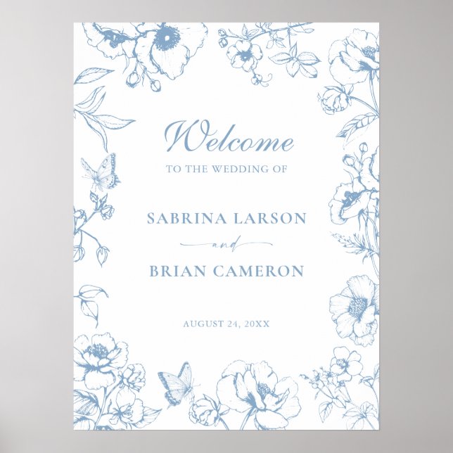Elegant dammig blå blomsterträdgård bröllop välkom poster (Framsidan)