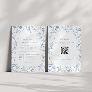 Elegant dammig blå blomsterträdgård QR-kod bröllop Inbjudningar
