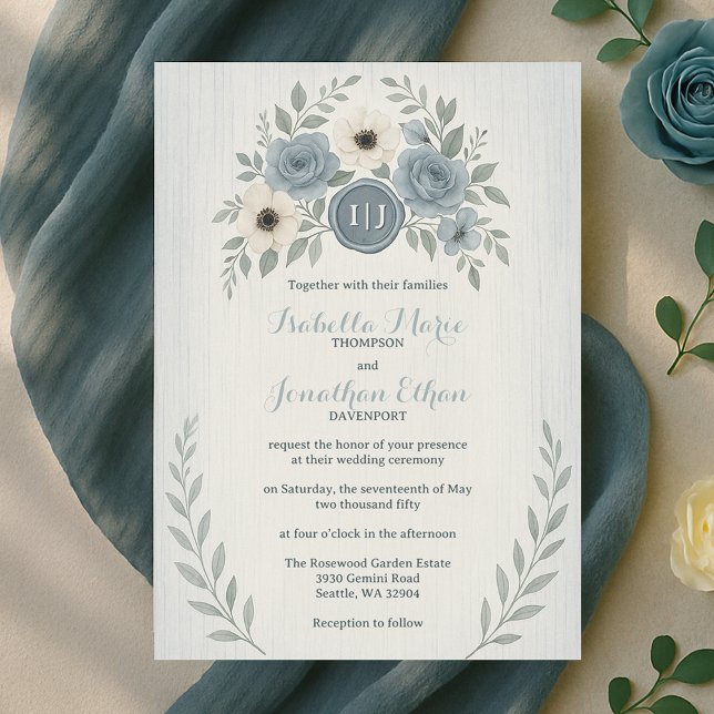 Elegant dammig blå blomstervaxsigillbröllop inbjudningar (Elegant Dusty Blue Floral Wax Seal Wedding Invitation
)