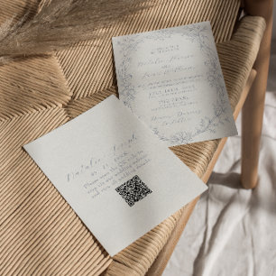 Elegant dammig blå boho blommig QR-kod bröllop Inbjudningar